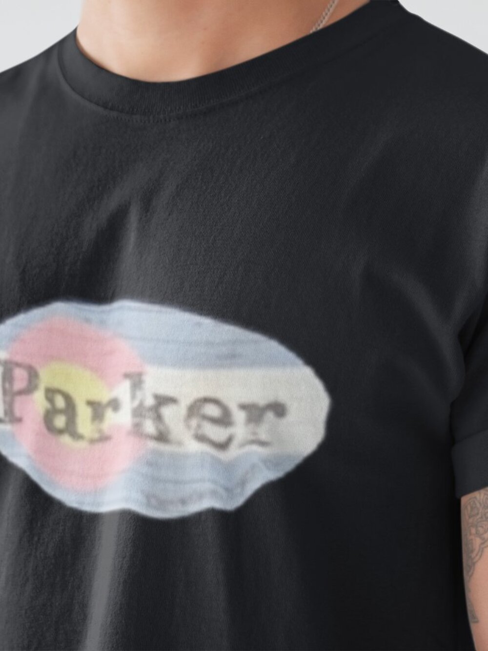 Gildan Size L Men's Black Parker, CO Tee with Blue, Pink and Yellow Oval Logo